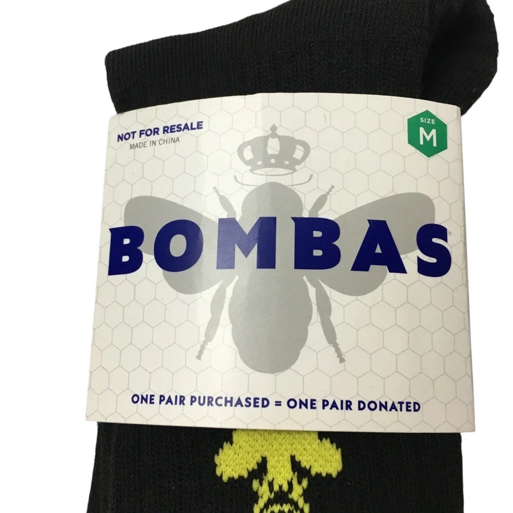 BOMBAS Crew Socks Unisex Size Medium Black Yellow Bee Better Stripe Blue Orange